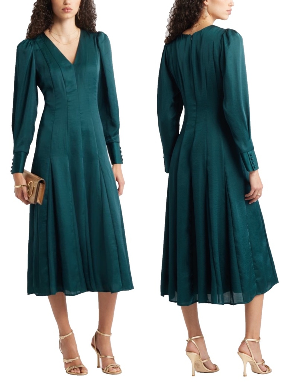 NEW CHELSEA28 Dark Green SATIN Button Cuff BLOUSON SLEEVES Seamed MIDI DRESS XS